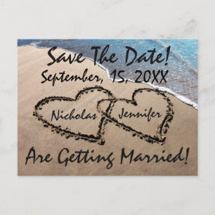 Save The Date Hearts Sand Beach Wedding Postcard