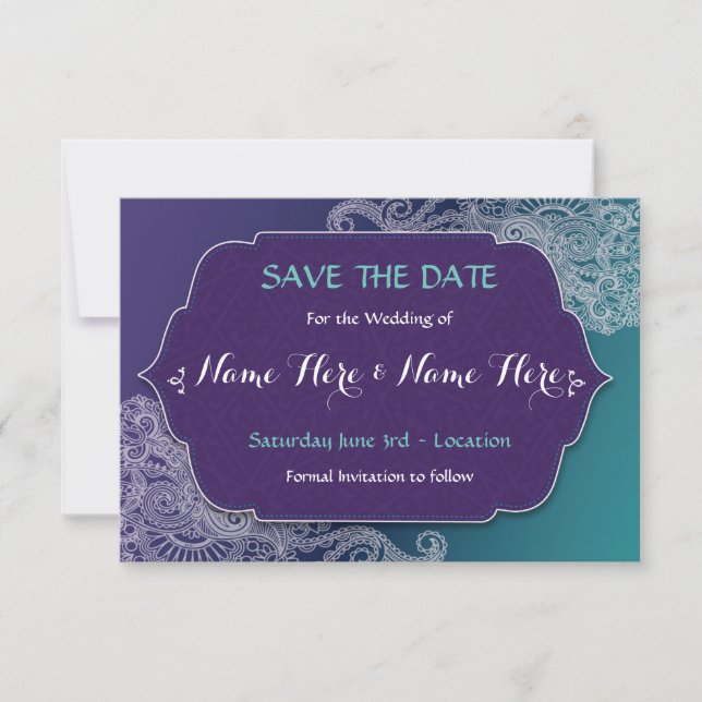 Save The Date Henna Style Jewel Wedding Invites (Front)