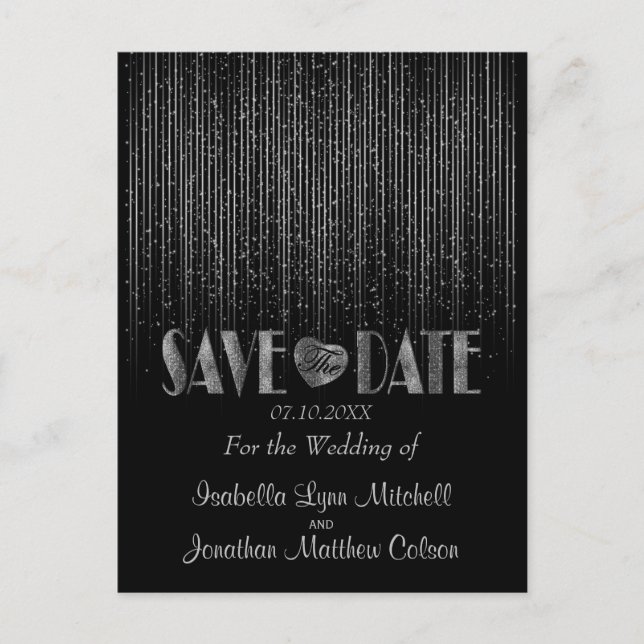 Save the Date in a Silver Light Shower and Black Announcement Postcard (Front)