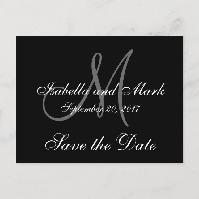 Save the Date, Initial, Monogram, Black, Grey Announcement Postcard (Front)