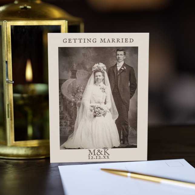 Save The Date Invitation Wedding Couple Postcard (A Victorian wedding couple invites you to send this postcard with your initials and wedding date. )