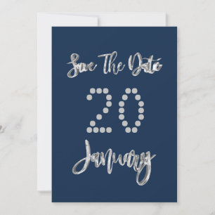 Save The Date January Navy Blue Silver Grey Script