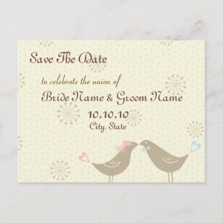 Save The Date Kissing Birds Wedding Postcard