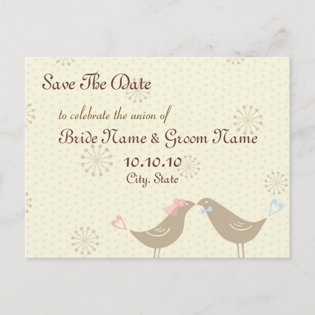 Save The Date Kissing Birds Wedding Postcard (Front)