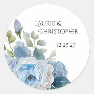 Save the Date Label, Blue Floral Design Classic Round Sticker