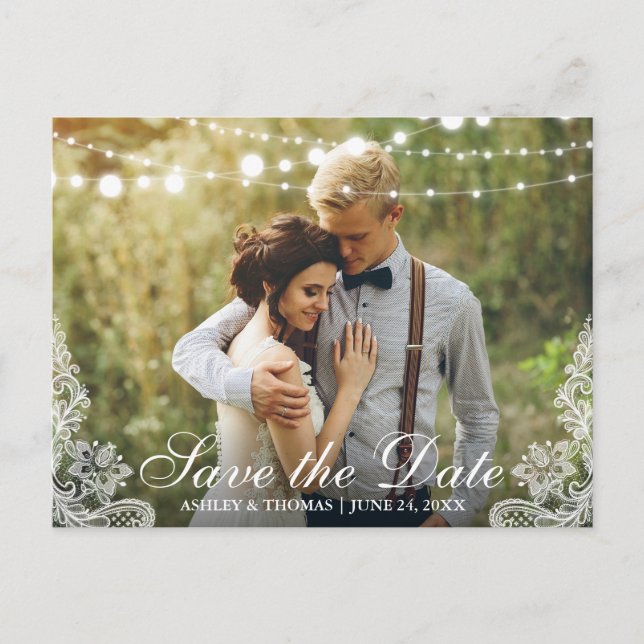 Save the Date Lace and String Lights Photo Announcement Postcard (Front)