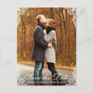 Save The Date Lace Border Couple Photo Postcard L