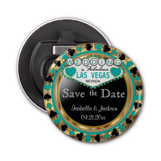 Save the Date Las Vegas Style - Teal Bottle Opener (Front)