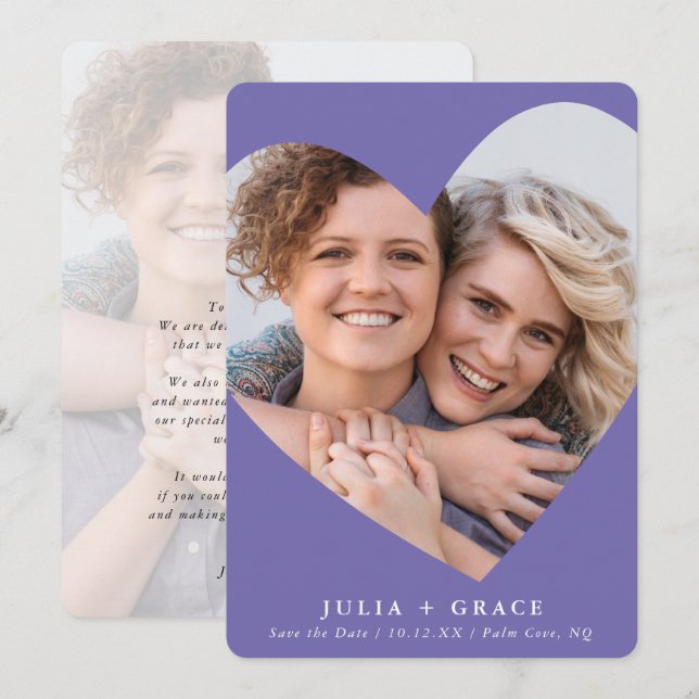 SAVE THE DATE lgbtq modern photo heart cute purple Invitation (Front/Back)