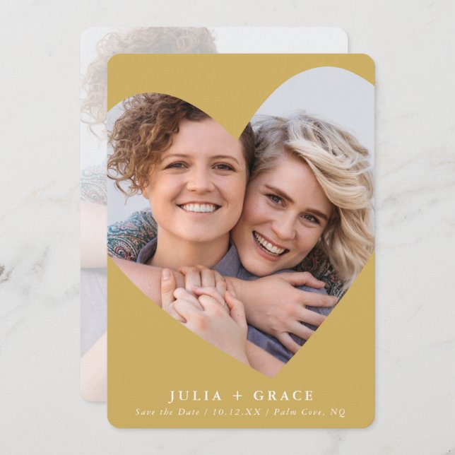 SAVE THE DATE lgbtq modern photo heart frame gold Invitation (Front/Back)