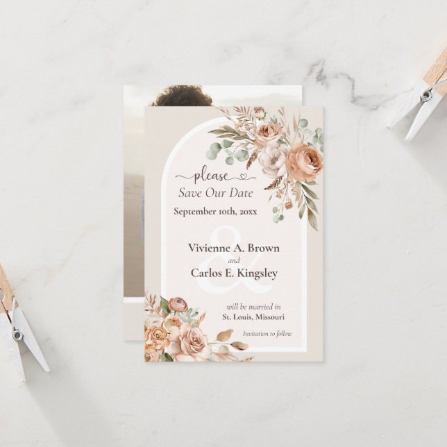 Save The Date Light Earth Tone Boho Floral Photo (Front/Back In Situ)