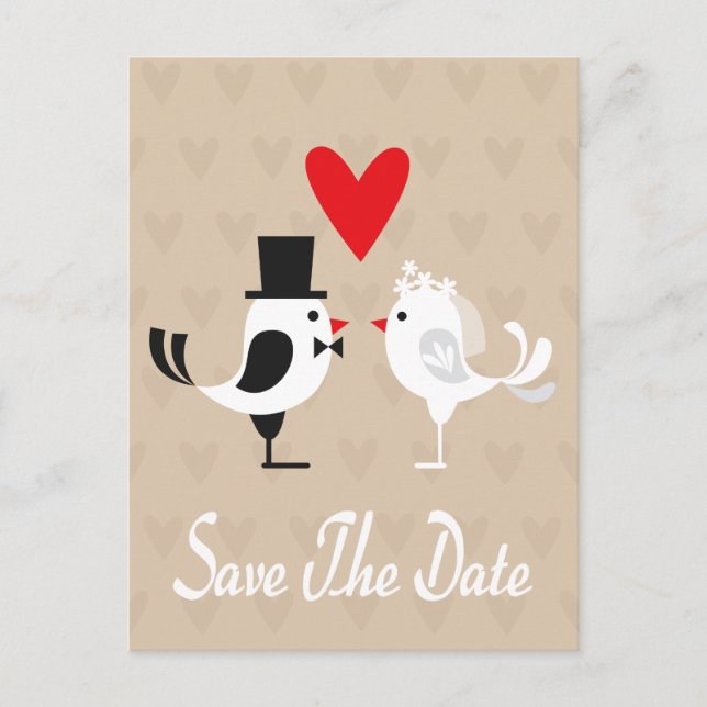 Save The Date Lovebirds & Hearts Tan Postcard (Front)