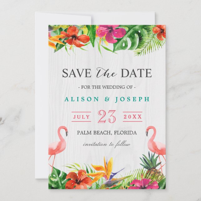 Save The Date | Luau Tropical Floral Flamingo (Front)