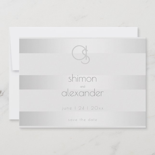 Save the Date | Luminous Silver Stripes Monogram (Front)