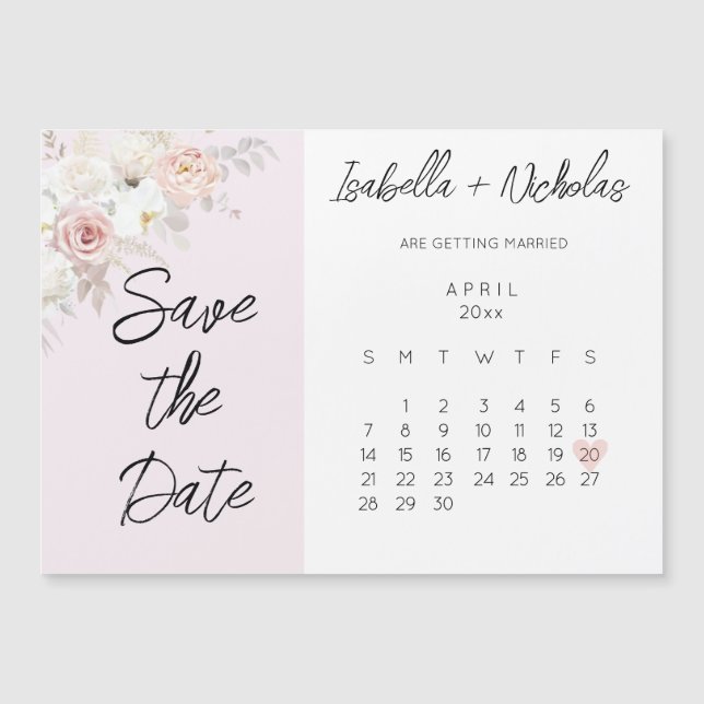Save the Date Magnet Calendar with Pink Flowers (Front)