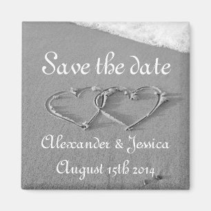 Save the date magnet   Drawn hearts in beach sand