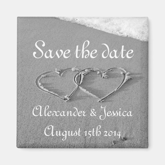 Save the date magnet | Drawn hearts in beach sand (Front)