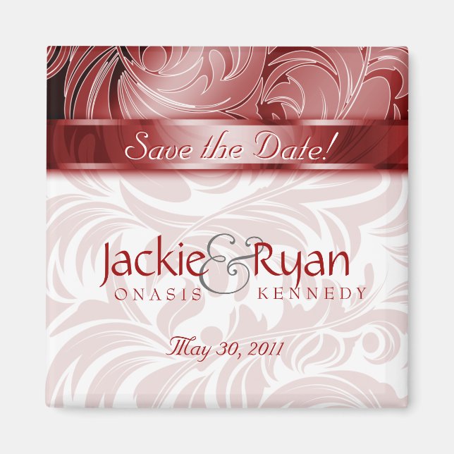 Save the Date Magnet Floral Leaf Silver Red (Front)