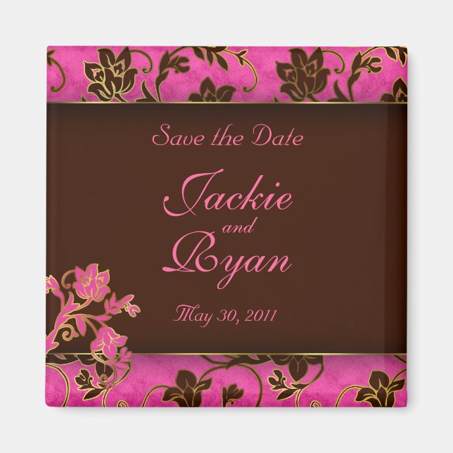 Save the Date Magnet Gold Floral Pink Brown (Front)