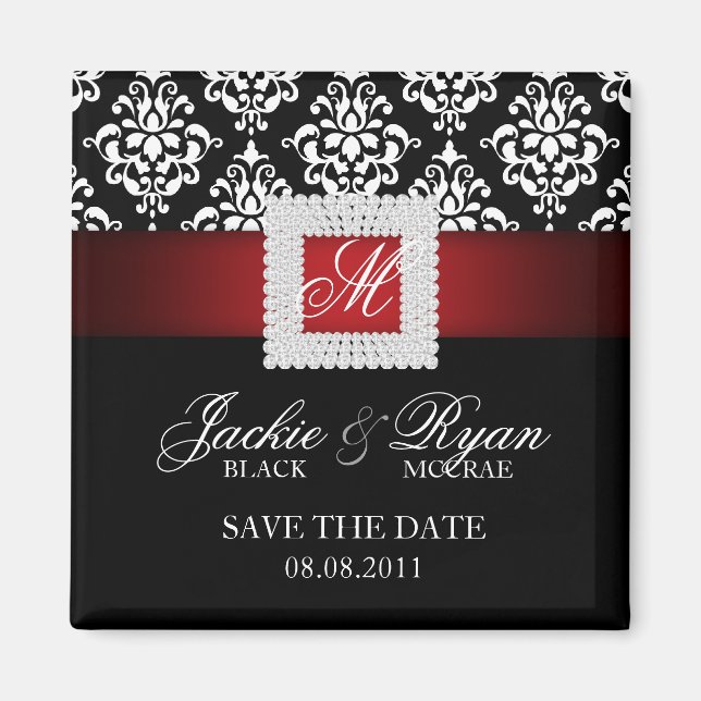 Save the Date Magnet Jewel Brooch Red Black White (Front)