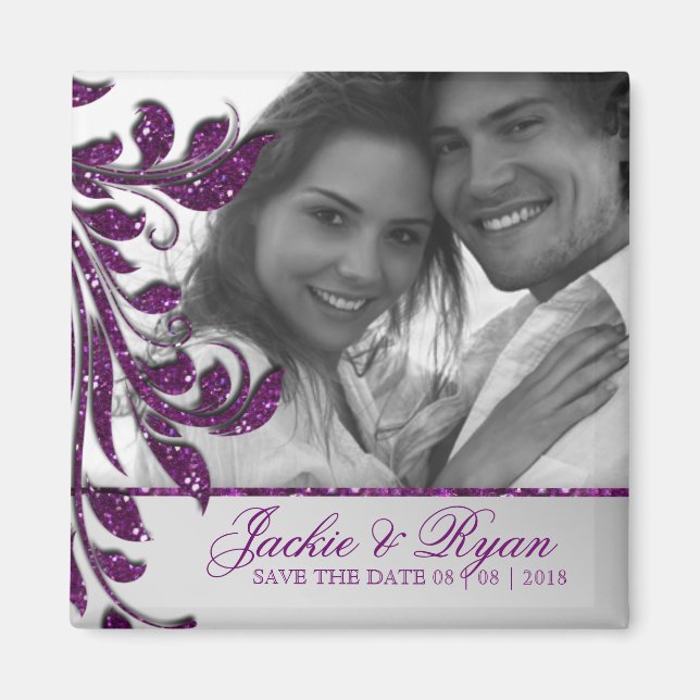 Save the Date Magnet Photo Purple Sparkle (Front)