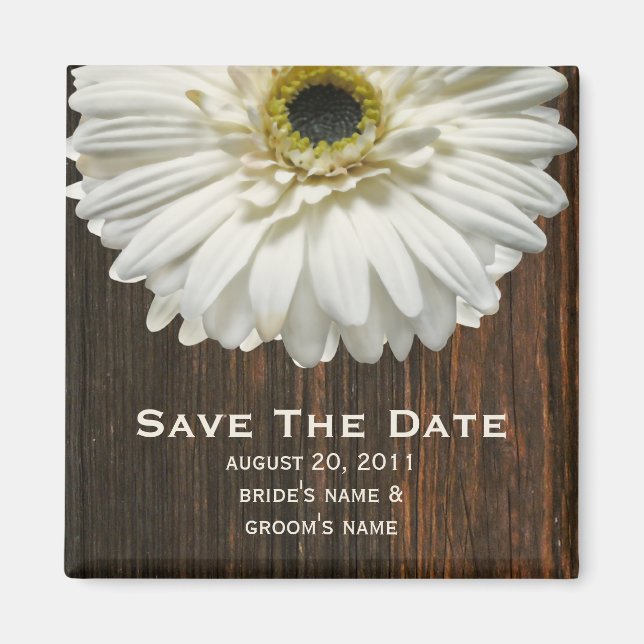 Save The Date Magnet - White Gerbera & Barnwood (Front)