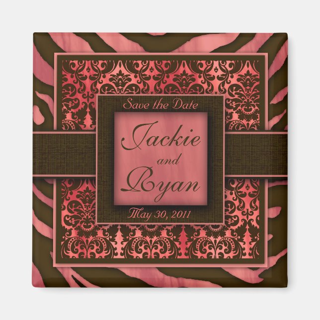 Save the Date Magnet Zebra Damask Coral (Front)