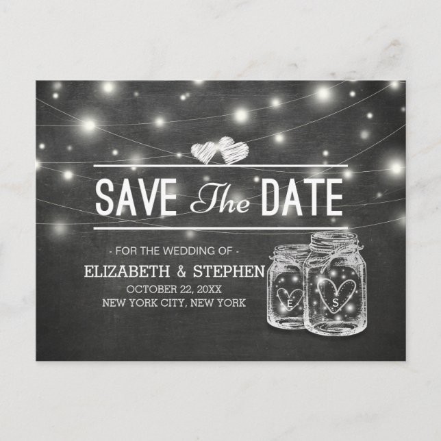 Save The Date Mason Jar String Lights Chalkboard A Announcement Postcard (Front)