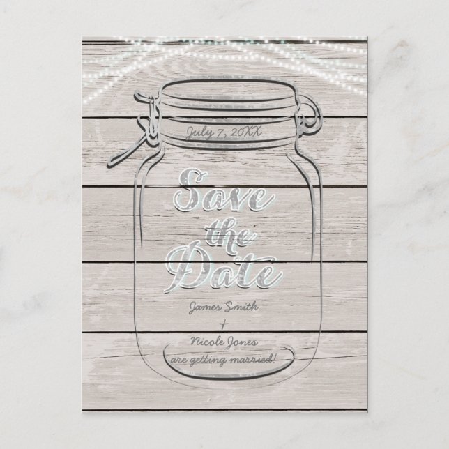 Save The Date Mason Jar & String Lights Wedding Announcement Postcard (Front)