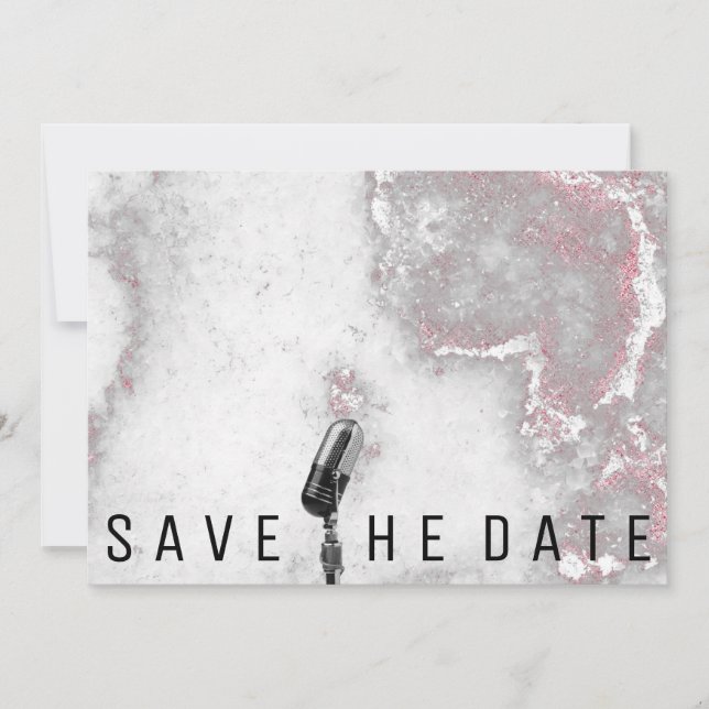 Save The Date Microphone Glitter Pink Gray Marble (Front)