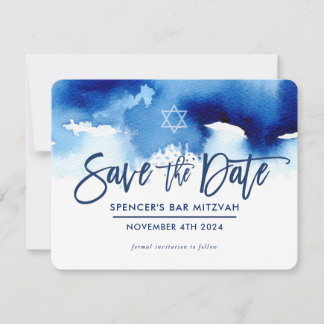 SAVE THE DATE MITZVAH modern dark blue watercolor