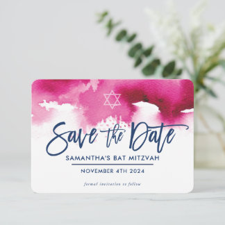 SAVE THE DATE MITZVAH modern dark pink watercolor Thank You Card