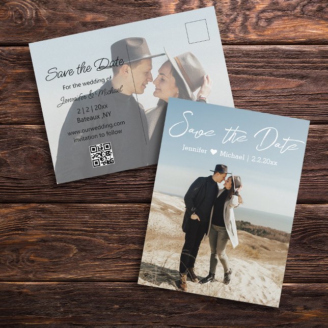 save the date modern 2 photos qr code boho announcement postcard (Creator Uploaded)