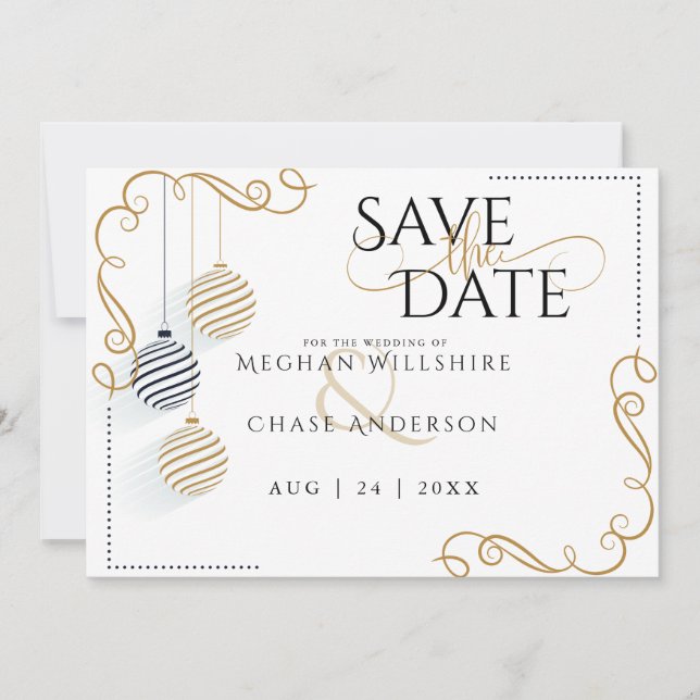 Save the Date  |  Modern Black and Gold  Baubles (Front)