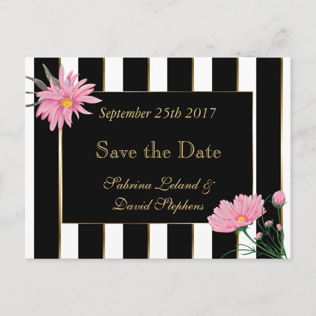 Save the Date Modern Black Stripes Pink Mums Announcement Postcard (Front)
