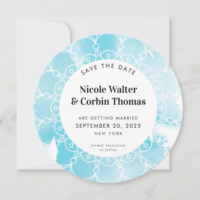SAVE THE DATE modern boho mandala aqua watercolor Invitation (Front)
