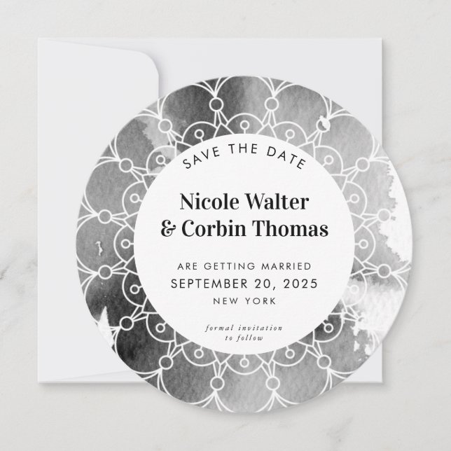 SAVE THE DATE modern boho mandala grey watercolor Invitation (Front)