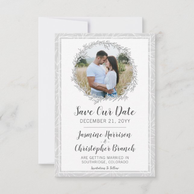 Save The Date Modern Botanical Leaf Silver Wreath Invitation (Front)