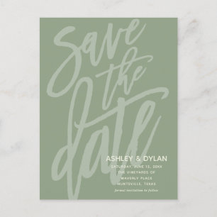 Save the Date Modern Brush Script Sage Green Announcement Postcard