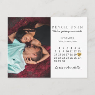 Save the Date Modern Calendar Gold Heart Nov 2021 Postcard