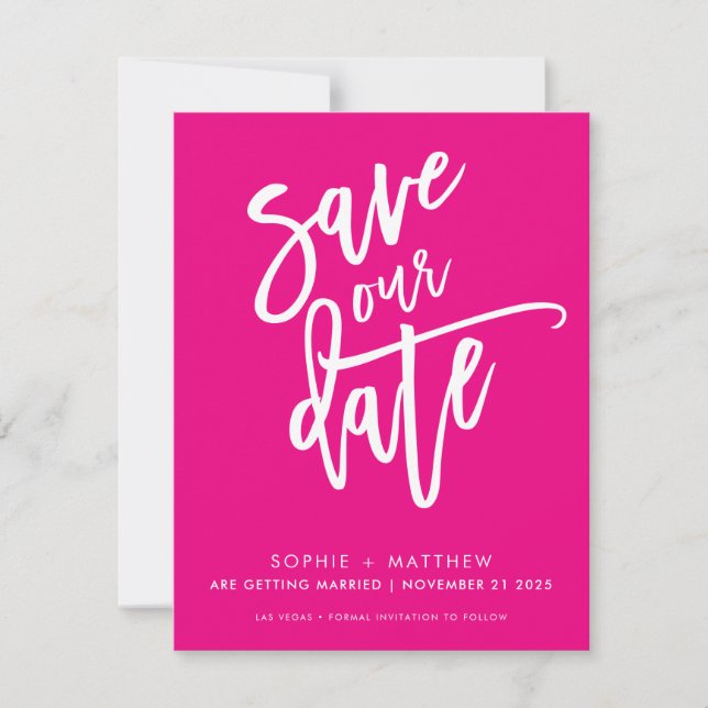 SAVE THE DATE modern calligraphy script hot pink (Front)
