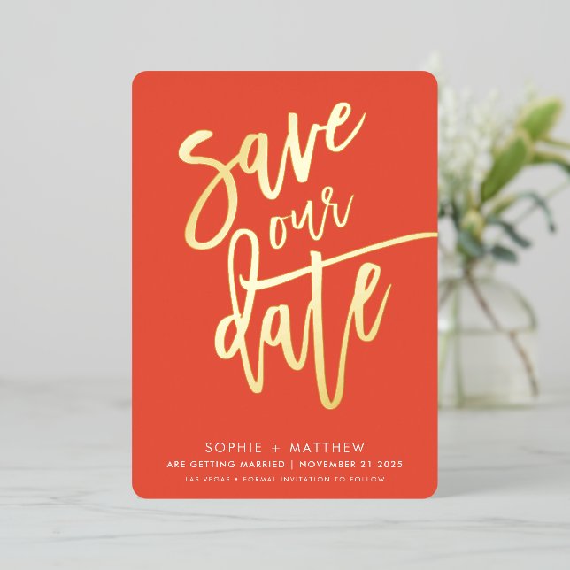 SAVE THE DATE modern calligraphy script orange (Standing Front)