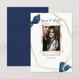 SAVE THE DATE Modern Deep Indigo Blue and Gold Invitation