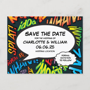 Save the Date Modern Fun Comic Book  Announcement Postcard