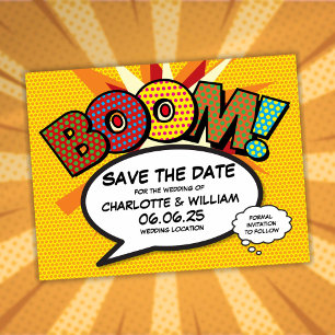 Save the Date Modern Fun Comic Book Boom Announcement Postcard