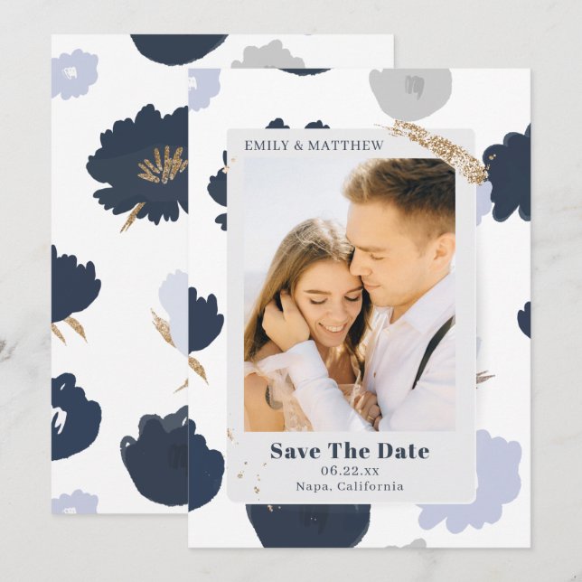 Save The Date Modern Glitter Photo Blue Floral (Front/Back)