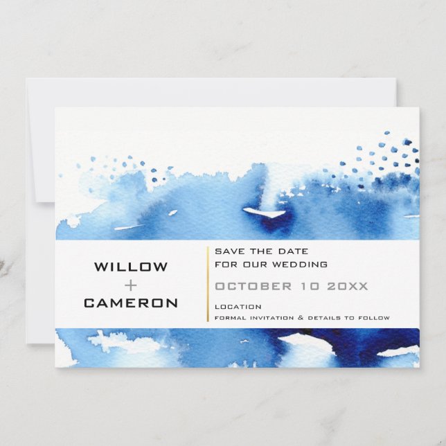 SAVE THE DATE modern minimal watercolor dark blue (Front)
