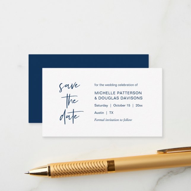 Save the date, modern minimalist, Navy Blue Enclosure Card (Front/Back In Situ)