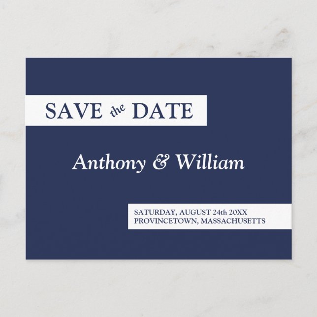 Save the Date Modern Minimalist Navy Blue White Invitation Postcard (Front)