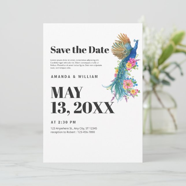 Save The Date Modern Minimalist Peacock Wedding  (Standing Front)